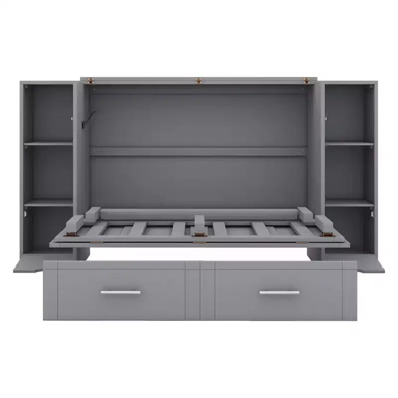 Lit escamotable Queen/Full avec armoire de rangement, Cadre de lit plateforme en bois avec étagères et tiroirs