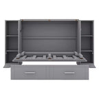 Lit escamotable Queen/Full avec armoire de rangement, Cadre de lit plateforme en bois avec étagères et tiroirs