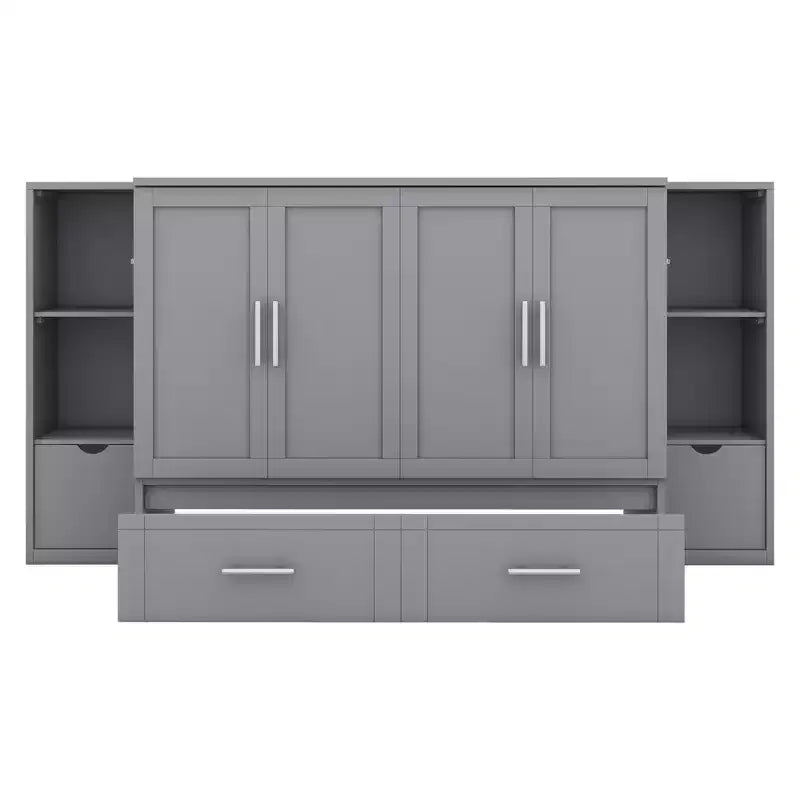 Lit escamotable Queen/Full avec armoire de rangement, Cadre de lit plateforme en bois avec étagères et tiroirs