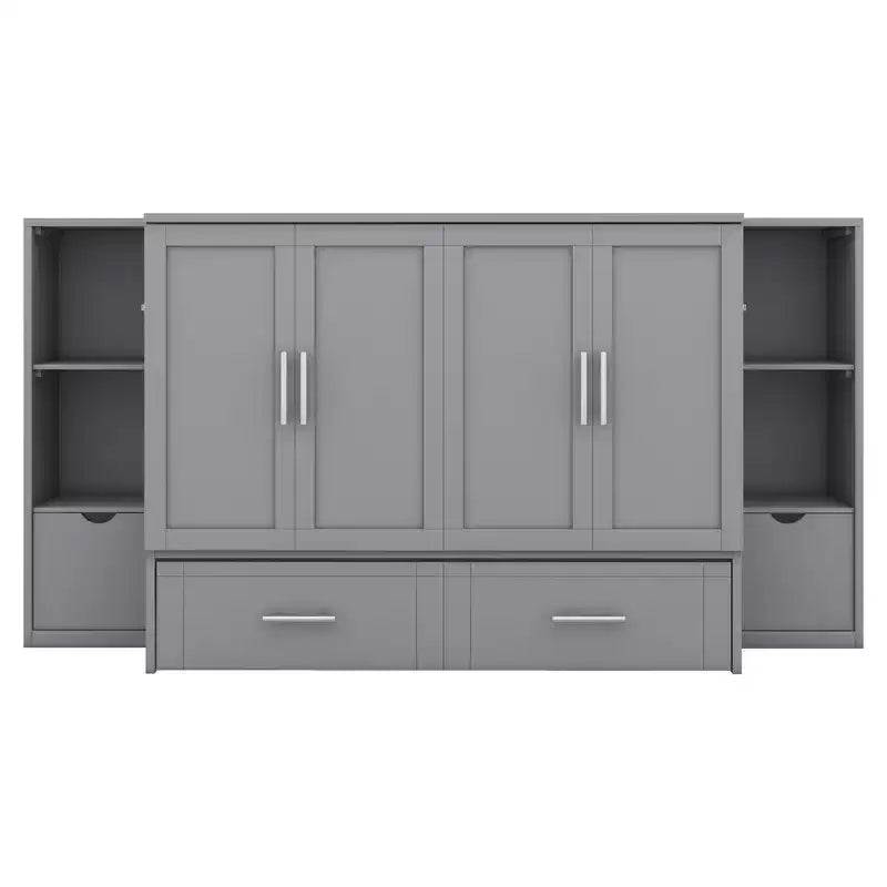 Lit escamotable Queen/Full avec armoire de rangement, Cadre de lit plateforme en bois avec étagères et tiroirs
