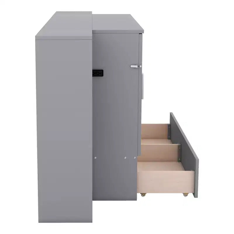 Lit escamotable Queen/Full avec armoire de rangement, Cadre de lit plateforme en bois avec étagères et tiroirs