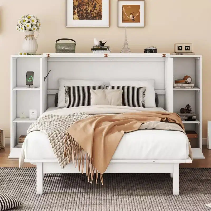 Lit escamotable Queen/Full avec armoire de rangement, Cadre de lit plateforme en bois avec étagères et tiroirs