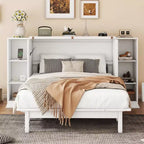 Lit escamotable Queen/Full avec armoire de rangement, Cadre de lit plateforme en bois avec étagères et tiroirs