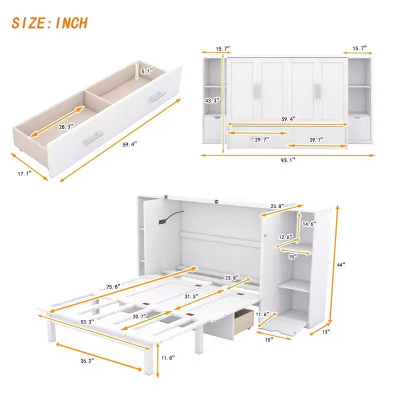 Lit escamotable Queen/Full avec armoire de rangement, Cadre de lit plateforme en bois avec étagères et tiroirs