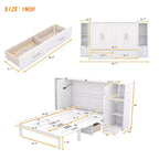 Lit escamotable Queen/Full avec armoire de rangement, Cadre de lit plateforme en bois avec étagères et tiroirs