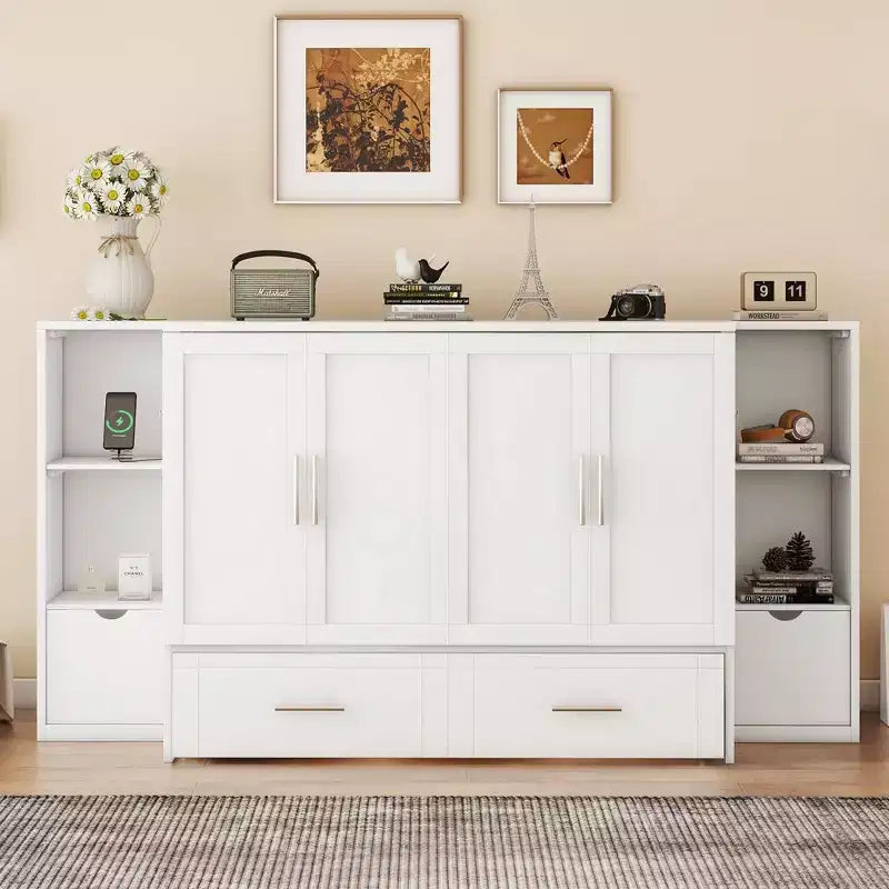 Lit escamotable Queen/Full avec armoire de rangement, Cadre de lit plateforme en bois avec étagères et tiroirs