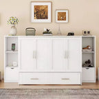 Lit escamotable Queen/Full avec armoire de rangement, Cadre de lit plateforme en bois avec étagères et tiroirs