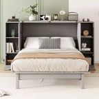 Lit escamotable Queen/Full avec armoire de rangement, Cadre de lit plateforme en bois avec étagères et tiroirs
