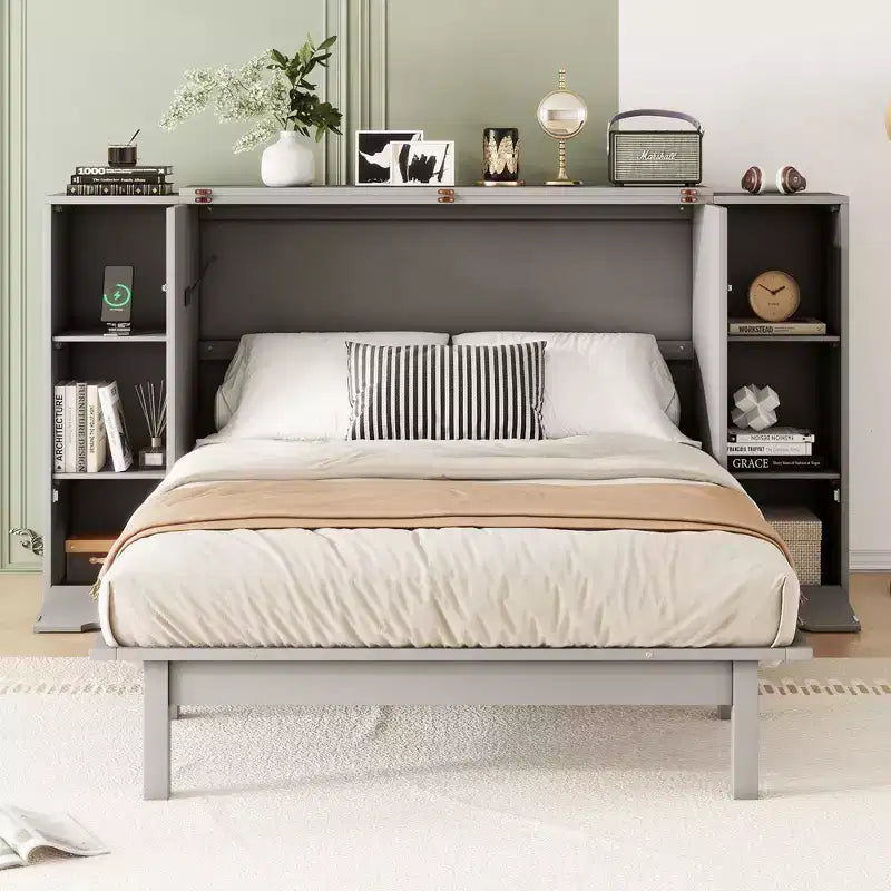 Lit escamotable Queen/Full avec armoire de rangement, Cadre de lit plateforme en bois avec étagères et tiroirs