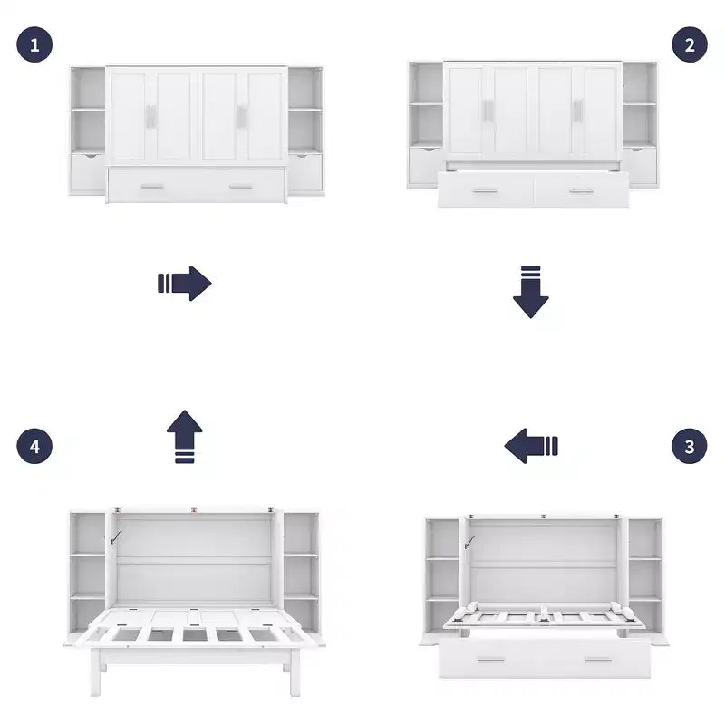 Lit escamotable Queen/Full avec armoire de rangement, Cadre de lit plateforme en bois avec étagères et tiroirs