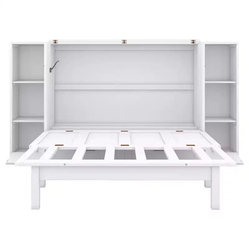 Lit escamotable Queen/Full avec armoire de rangement, Cadre de lit plateforme en bois avec étagères et tiroirs