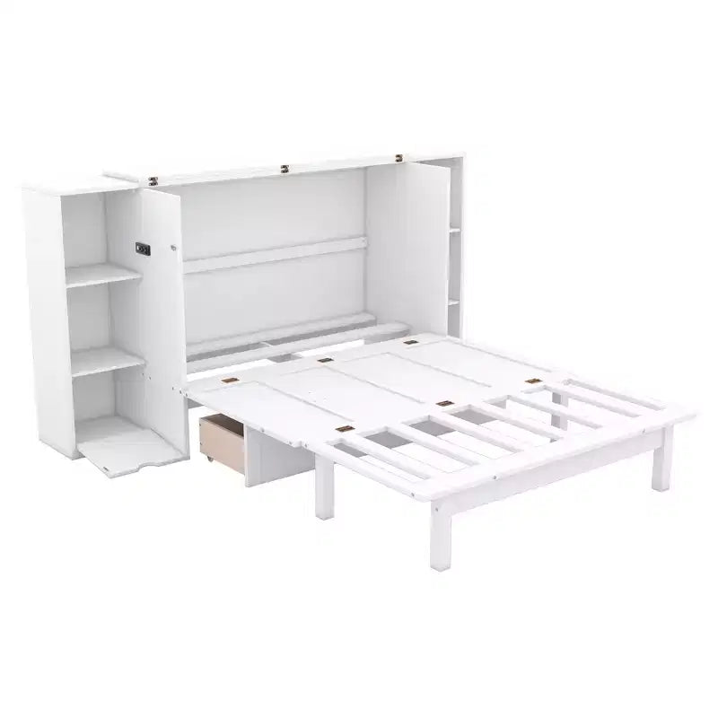 Lit escamotable Queen/Full avec armoire de rangement, Cadre de lit plateforme en bois avec étagères et tiroirs
