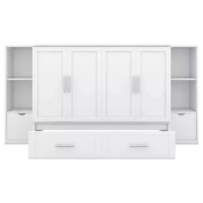 Lit escamotable Queen/Full avec armoire de rangement, Cadre de lit plateforme en bois avec étagères et tiroirs