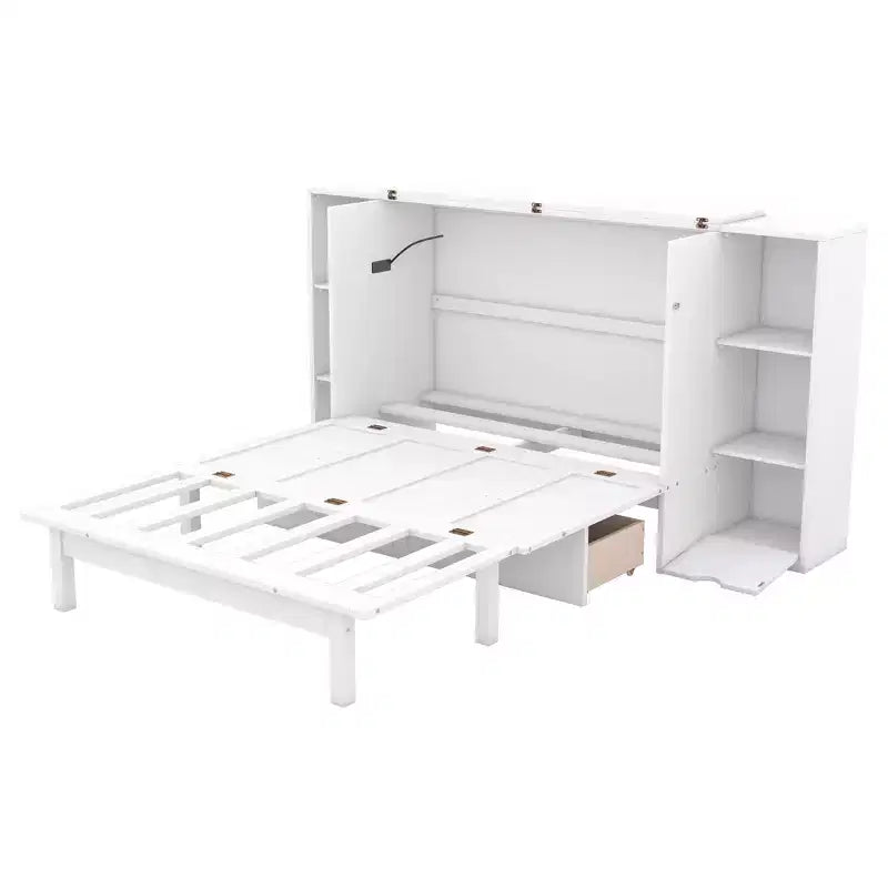 Lit escamotable Queen/Full avec armoire de rangement, Cadre de lit plateforme en bois avec étagères et tiroirs