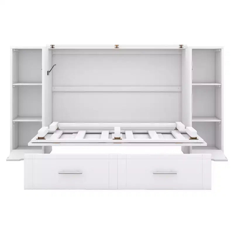 Lit escamotable Queen/Full avec armoire de rangement, Cadre de lit plateforme en bois avec étagères et tiroirs