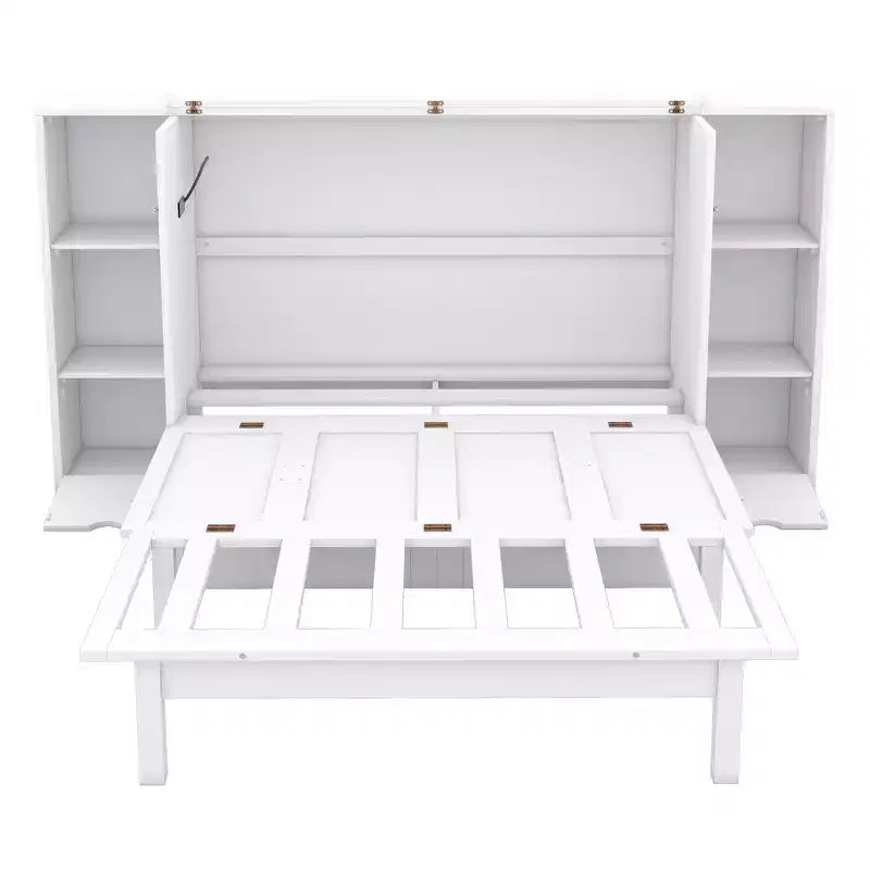 Lit escamotable Queen/Full avec armoire de rangement, Cadre de lit plateforme en bois avec étagères et tiroirs