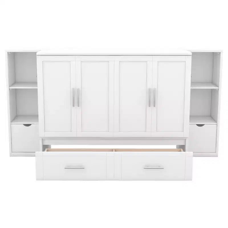 Lit escamotable Queen/Full avec armoire de rangement, Cadre de lit plateforme en bois avec étagères et tiroirs