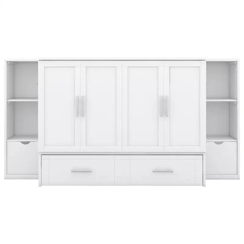 Lit escamotable Queen/Full avec armoire de rangement, Cadre de lit plateforme en bois avec étagères et tiroirs