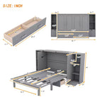 Lit escamotable Queen/Full avec armoire de rangement, Cadre de lit plateforme en bois avec étagères et tiroirs