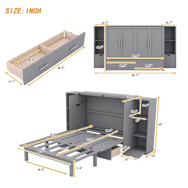 Lit escamotable Queen/Full avec armoire de rangement, Cadre de lit plateforme en bois avec étagères et tiroirs