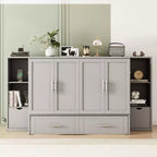 Lit escamotable Queen/Full avec armoire de rangement, Cadre de lit plateforme en bois avec étagères et tiroirs