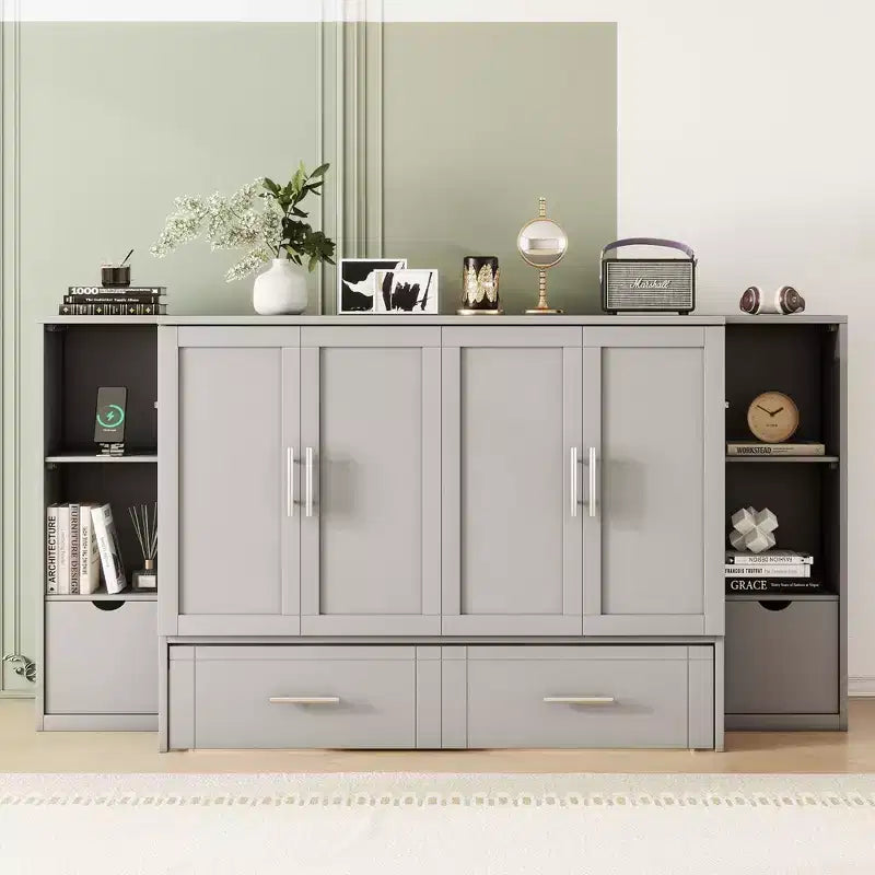 Lit escamotable Queen/Full avec armoire de rangement, Cadre de lit plateforme en bois avec étagères et tiroirs