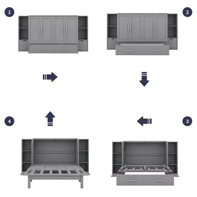 Lit escamotable Queen/Full avec armoire de rangement, Cadre de lit plateforme en bois avec étagères et tiroirs