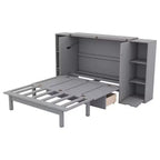 Lit escamotable Queen/Full avec armoire de rangement, Cadre de lit plateforme en bois avec étagères et tiroirs