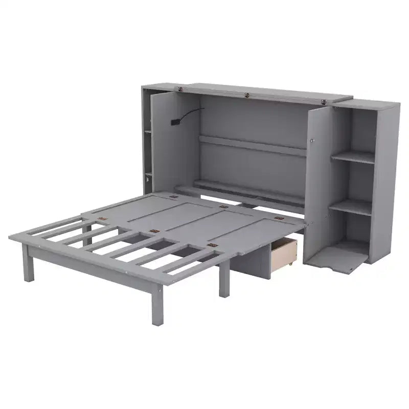 Lit escamotable Queen/Full avec armoire de rangement, Cadre de lit plateforme en bois avec étagères et tiroirs