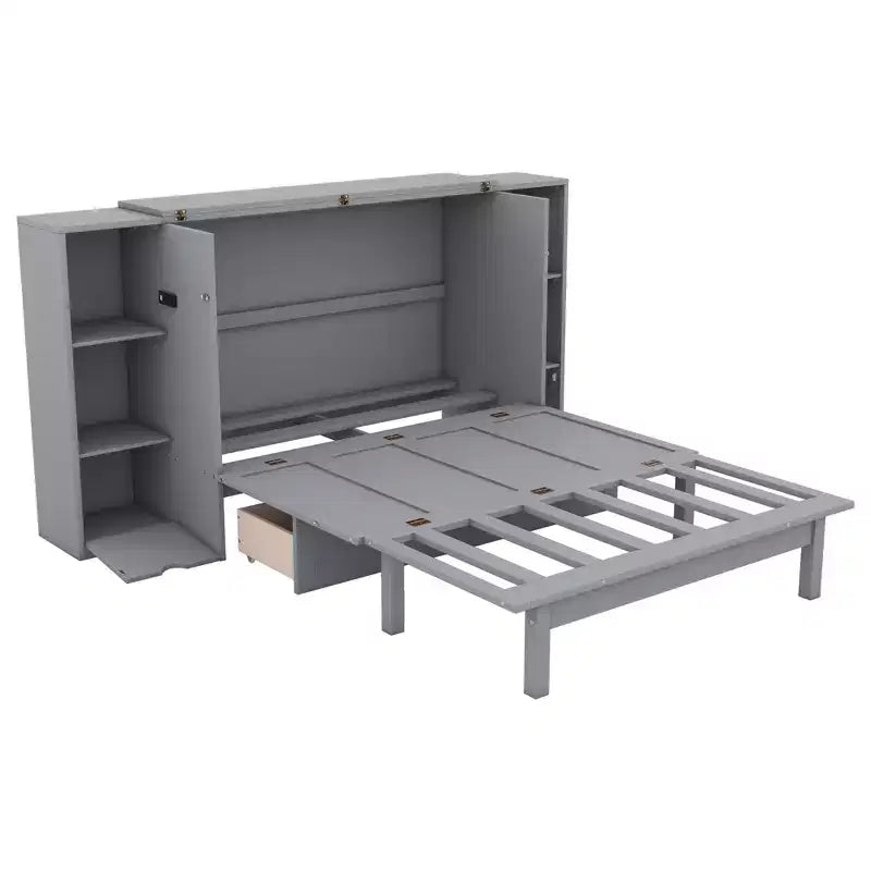 Lit escamotable Queen/Full avec armoire de rangement, Cadre de lit plateforme en bois avec étagères et tiroirs