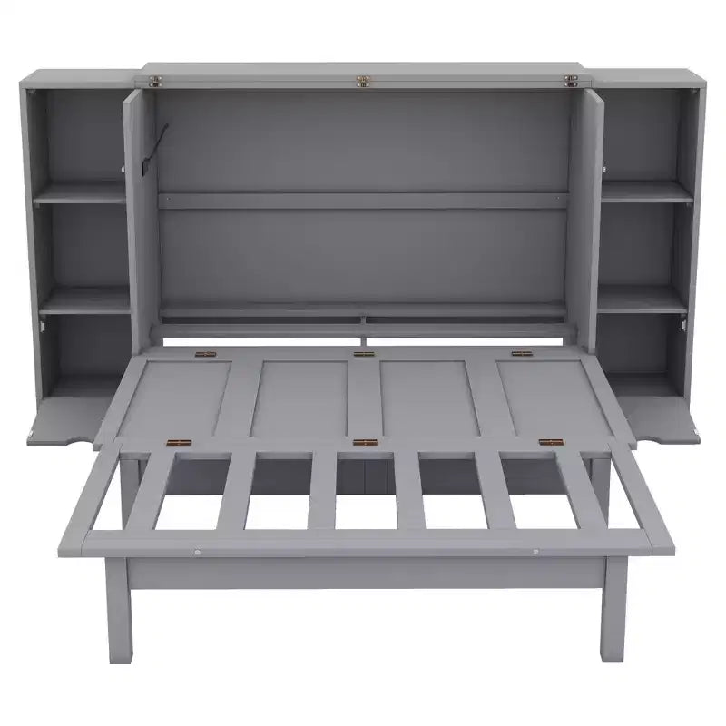 Lit escamotable Queen/Full avec armoire de rangement, Cadre de lit plateforme en bois avec étagères et tiroirs