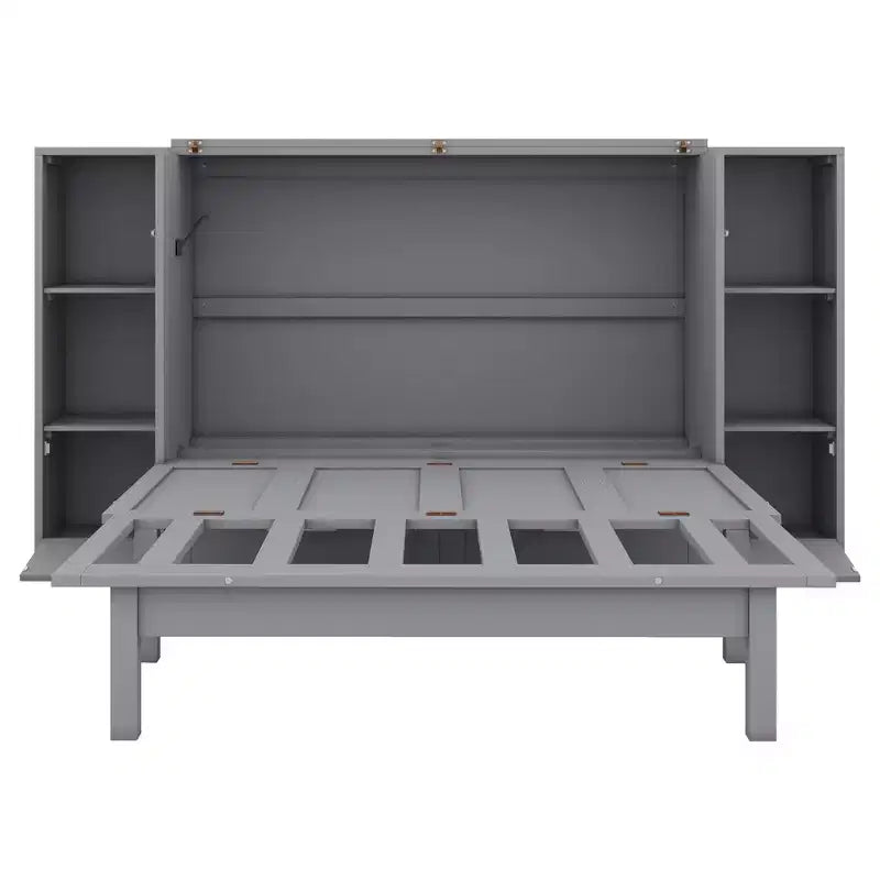 Lit escamotable Queen/Full avec armoire de rangement, Cadre de lit plateforme en bois avec étagères et tiroirs