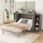 Queen/Full Murphy Bed Foldable into Cabinet, Wooden Platform Bedframe with Shelves, Drawers