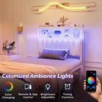Tête de lit VINGLI, tête de lit capitonnée réglable avec 2 étagères, panneau perforé, stations de recharge et lumières LED
