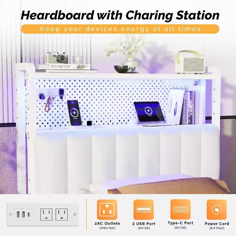 Tête de lit VINGLI, tête de lit capitonnée réglable avec 2 étagères, panneau perforé, stations de recharge et lumières LED