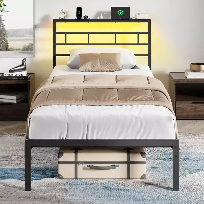 Cadre de lit simple avec station de recharge et lumières LED, lit plateforme en métal, tête de lit de rangement, silencieux, sans sommier tapissier, noir, lit d'appoint robuste