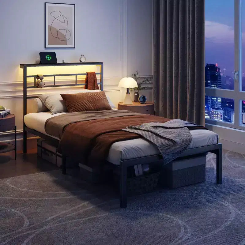 Cadre de lit simple avec station de recharge et lumières LED, lit plateforme en métal, tête de lit de rangement, silencieux, sans sommier tapissier, noir, lit d'appoint robuste