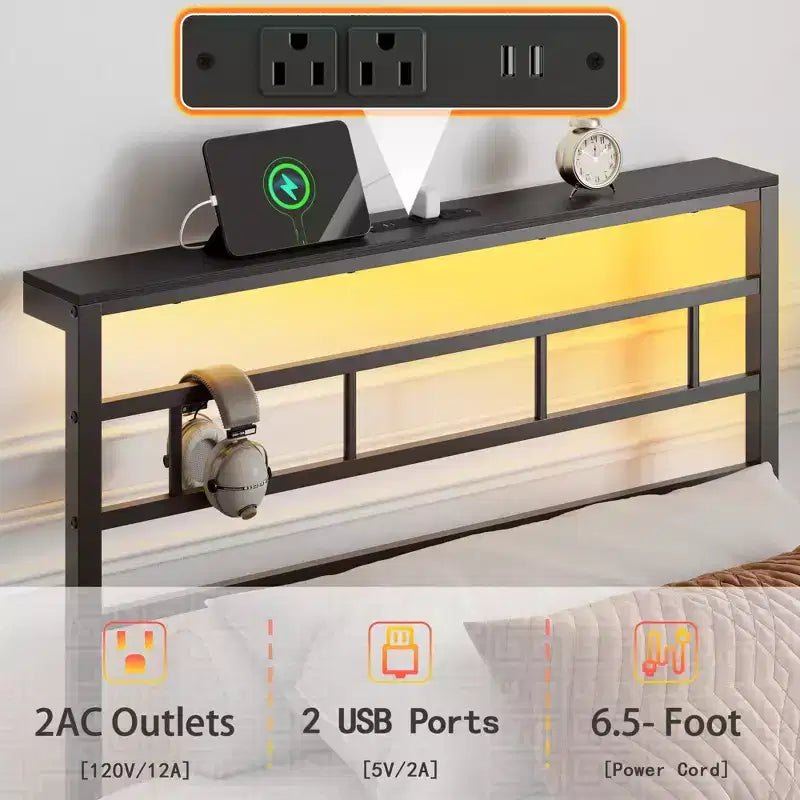 Cadre de lit simple avec station de recharge et lumières LED, lit plateforme en métal, tête de lit de rangement, silencieux, sans sommier tapissier, noir, lit d'appoint robuste