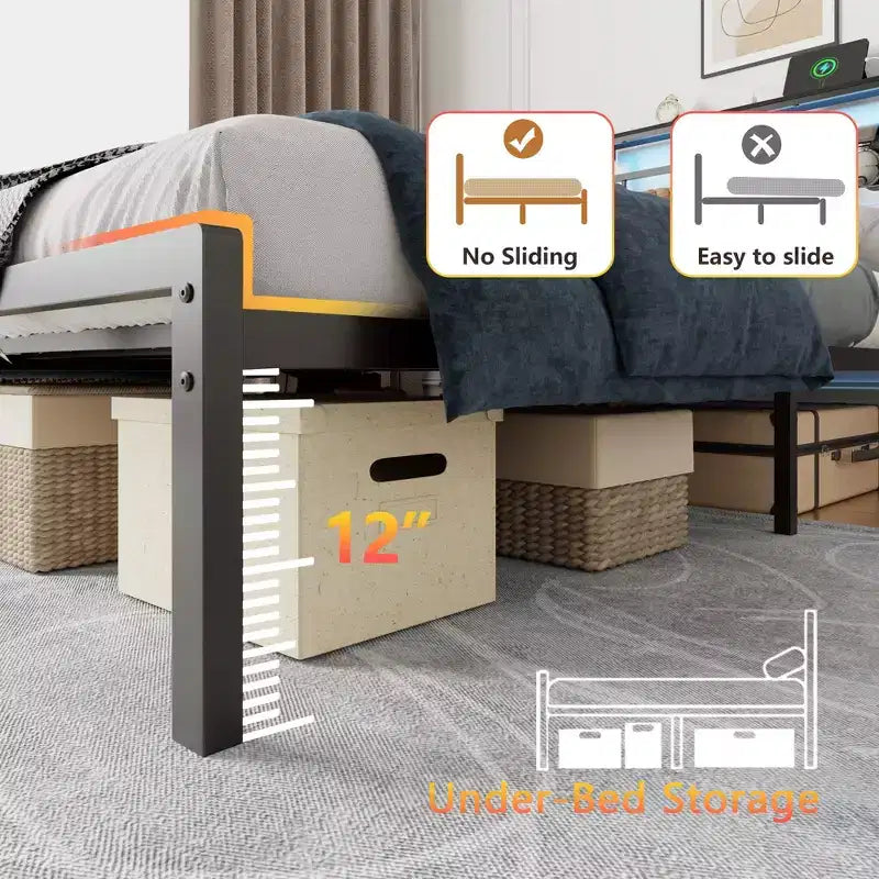 Cadre de lit simple avec station de recharge et lumières LED, lit plateforme en métal, tête de lit de rangement, silencieux, sans sommier tapissier, noir, lit d'appoint robuste