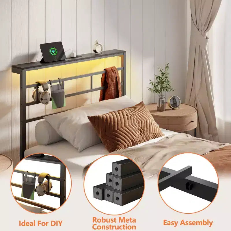 Cadre de lit simple avec station de recharge et lumières LED, lit plateforme en métal, tête de lit de rangement, silencieux, sans sommier tapissier, noir, lit d'appoint robuste