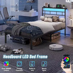 Cadre de lit simple avec station de recharge et lumières LED, lit plateforme en métal, tête de lit de rangement, silencieux, sans sommier tapissier, noir, lit d'appoint robuste