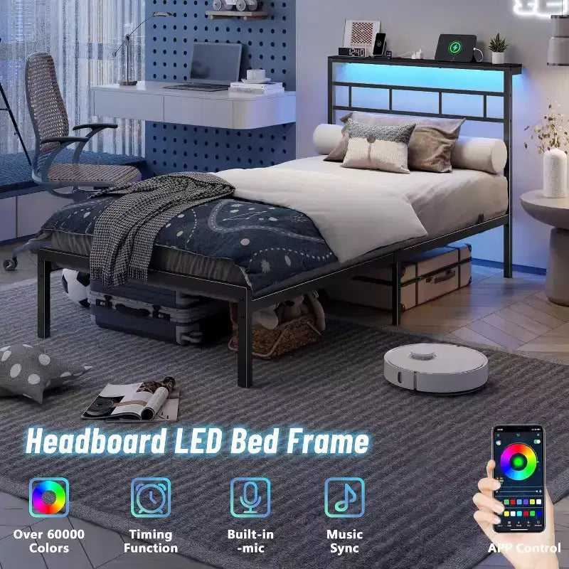 Cadre de lit simple avec station de recharge et lumières LED, lit plateforme en métal, tête de lit de rangement, silencieux, sans sommier tapissier, noir, lit d'appoint robuste