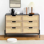 Commode de ferme de 119 cm, commode à 6 tiroirs en rotin avec pieds en métal, commode en bois moderne, grande commode large pour chambre à coucher, salon
