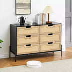 Commode de ferme de 119 cm, commode à 6 tiroirs en rotin avec pieds en métal, commode en bois moderne, grande commode large pour chambre à coucher, salon