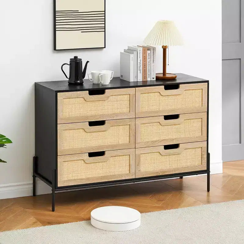 Commode de ferme de 119 cm, commode à 6 tiroirs en rotin avec pieds en métal, commode en bois moderne, grande commode large pour chambre à coucher, salon