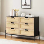 Commode de ferme de 119 cm, commode à 6 tiroirs en rotin avec pieds en métal, commode en bois moderne, grande commode large pour chambre à coucher, salon