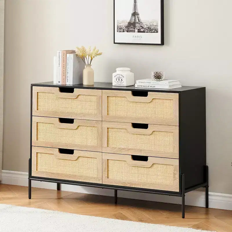 Commode de ferme de 119 cm, commode à 6 tiroirs en rotin avec pieds en métal, commode en bois moderne, grande commode large pour chambre à coucher, salon