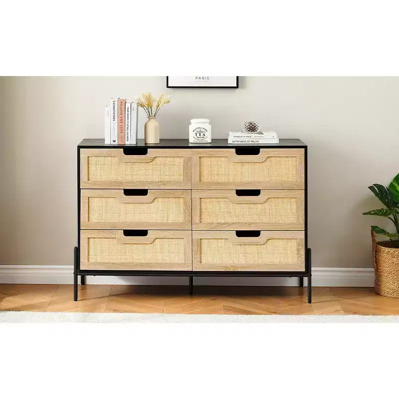 Commode de ferme de 119 cm, commode à 6 tiroirs en rotin avec pieds en métal, commode en bois moderne, grande commode large pour chambre à coucher, salon