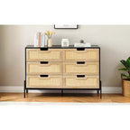 Commode de ferme de 119 cm, commode à 6 tiroirs en rotin avec pieds en métal, commode en bois moderne, grande commode large pour chambre à coucher, salon