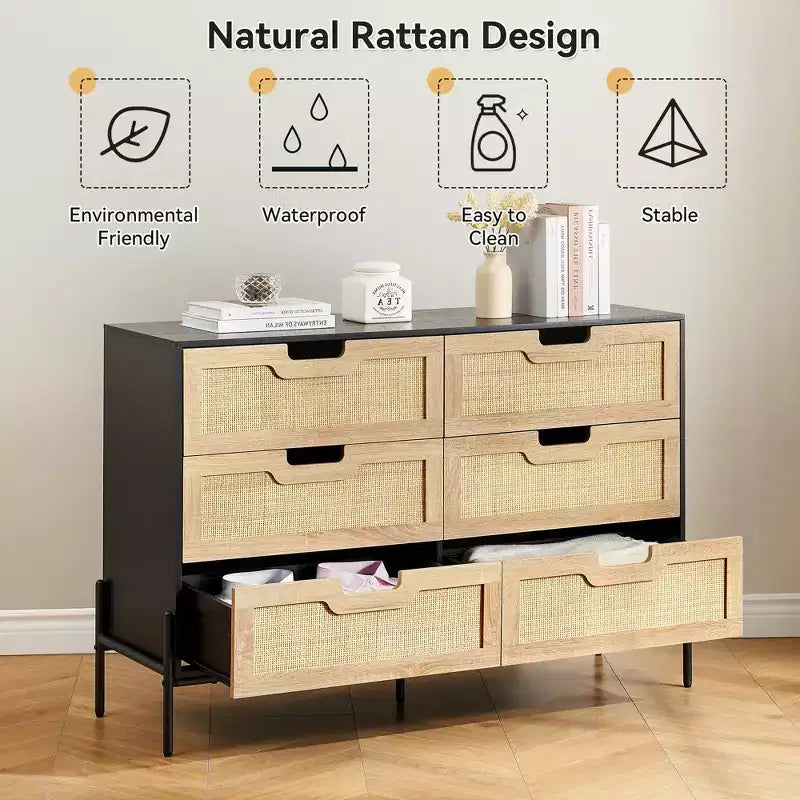 Commode de ferme de 119 cm, commode à 6 tiroirs en rotin avec pieds en métal, commode en bois moderne, grande commode large pour chambre à coucher, salon